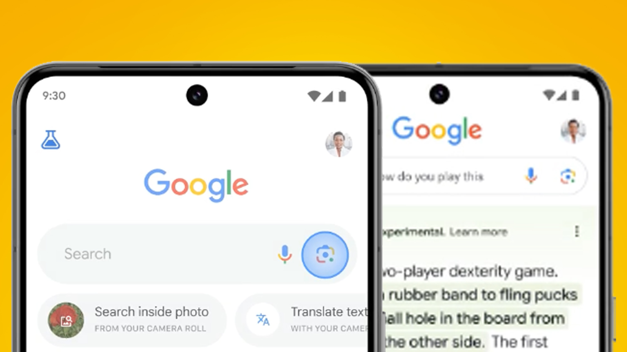 Two phones on an orange background showing Google Lens