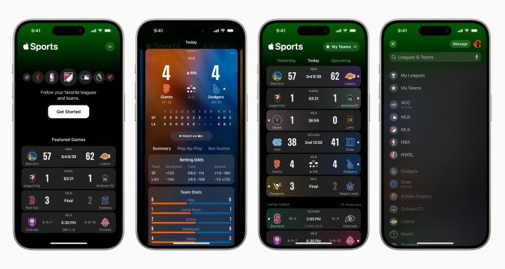 Press images of the Apple Sports app on an iPhone.