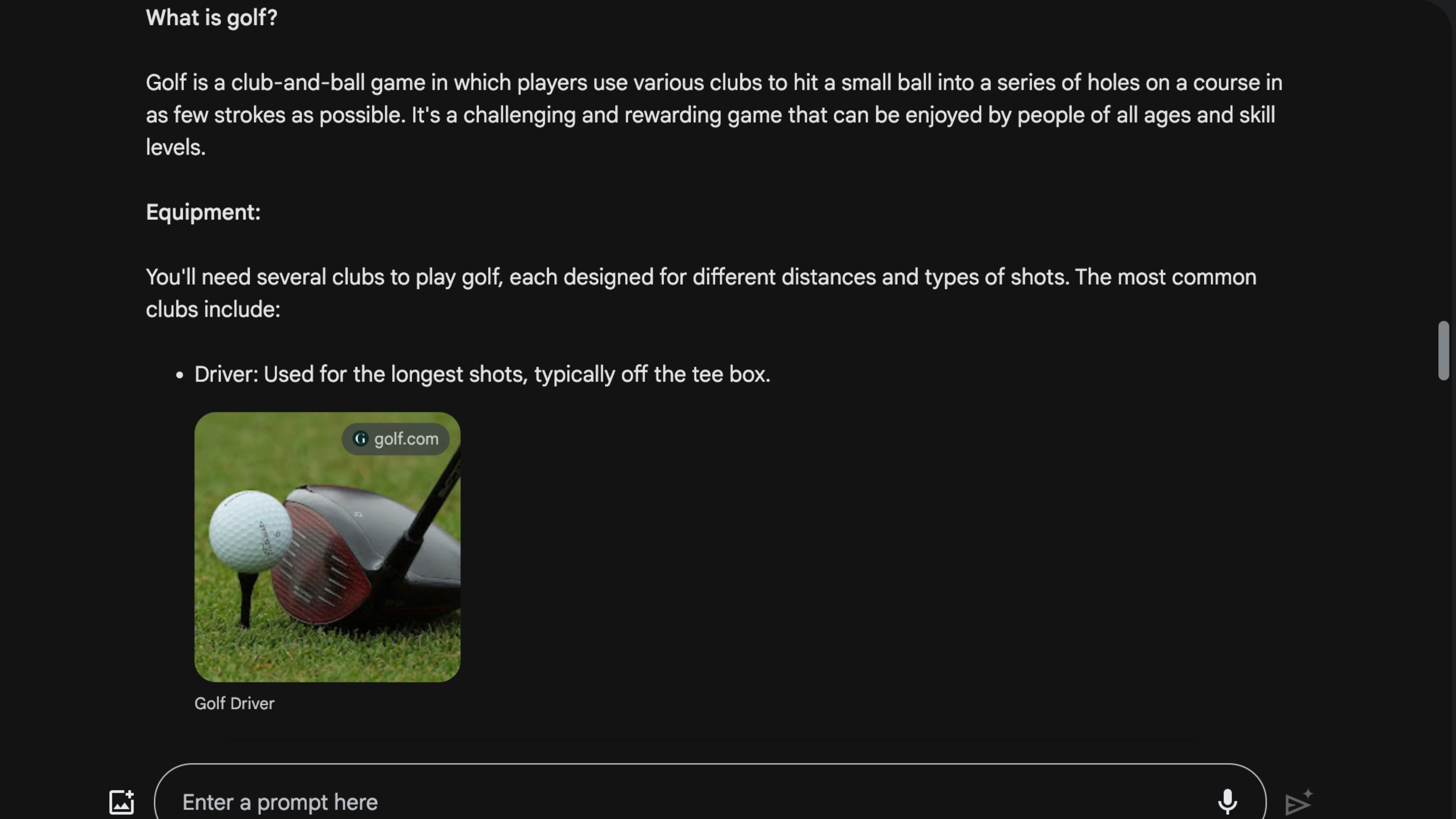 Google Bard answering what is golf