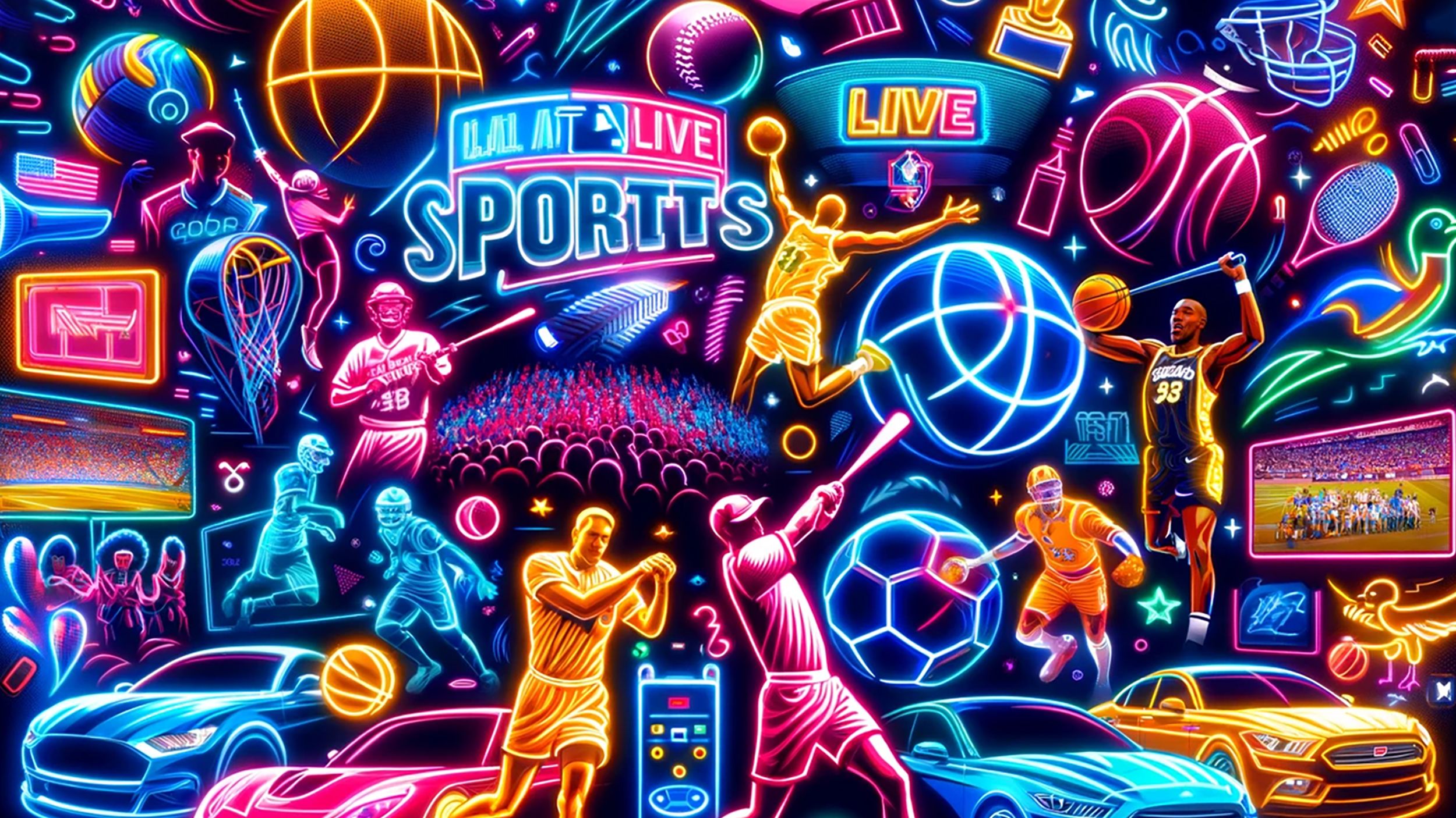 Vibrant neon-themed collage that encapsulates the spirit of live sports broadcasting across various sports, emphasizing the excit