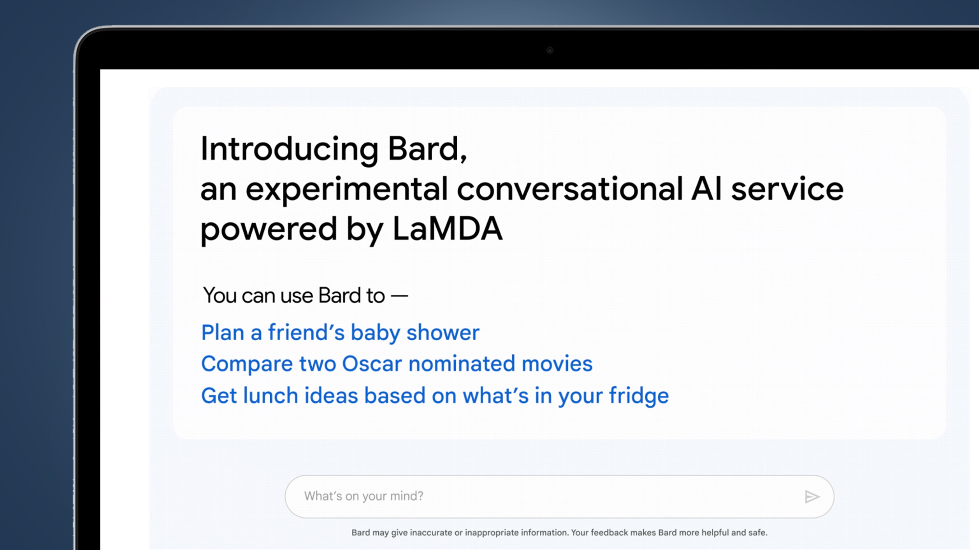 The Google Bard chatbot answering a question on a computer screen