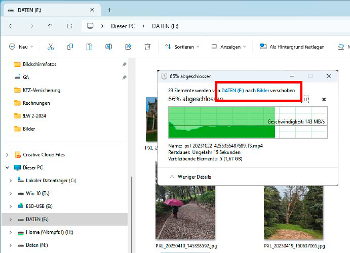 Im Windows Explorer ist der Unterschied kaum zu erkennen: Hier werden Fotos und Videos verschoben statt kopiert. Das kann die Datensicherheit eher verschlechtern als verbessern.