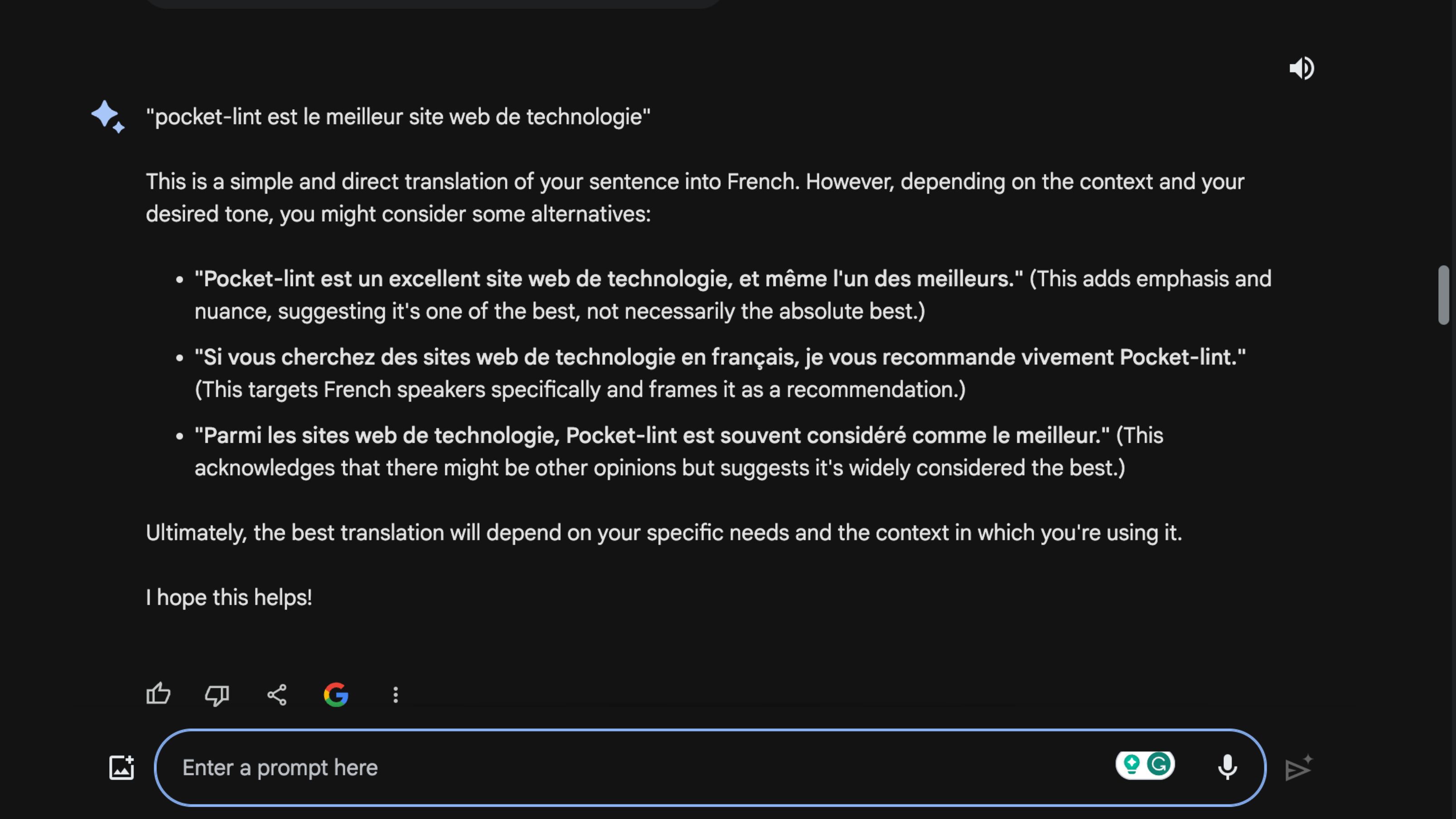 Google Bard translating English to French