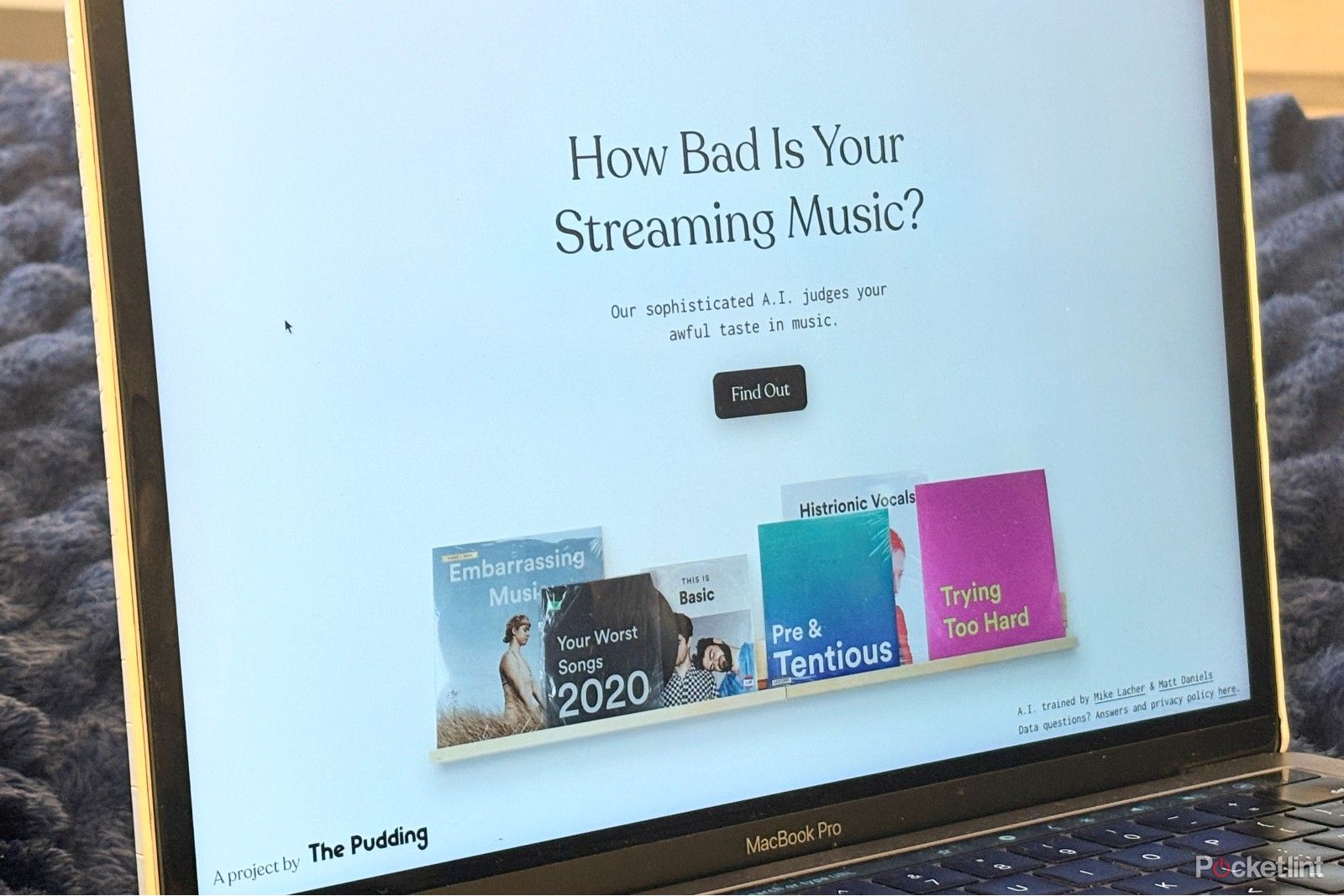 Pudding AI tool homepage on a laptop screen, website reads 'How bad is your streaming music?'