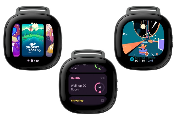 Screenshots of fitness games on the Fitbit Ace LTE.