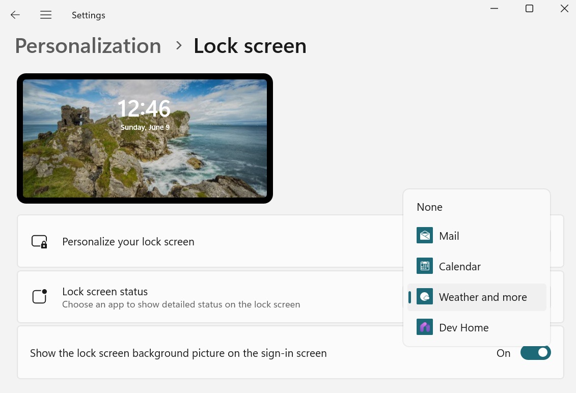 lock screen widgets options in personalization settings