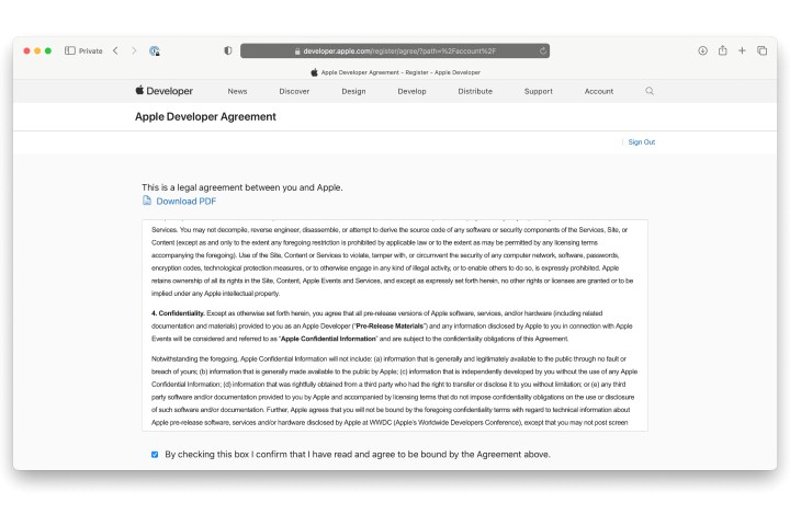 Safari on Mac showing Apple Developer Agreement.