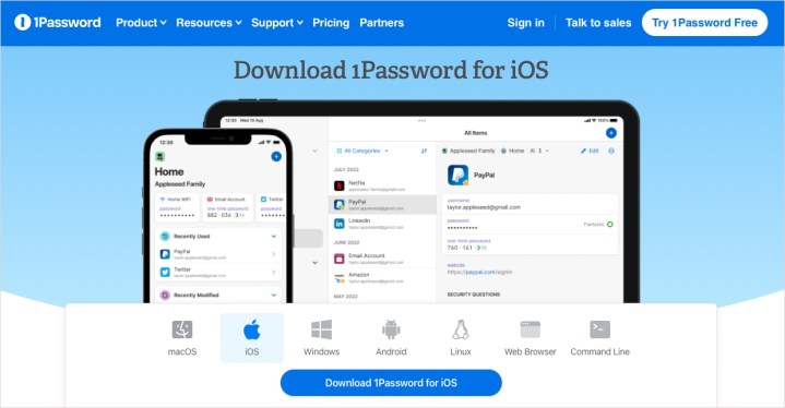 1Password website for iOS.