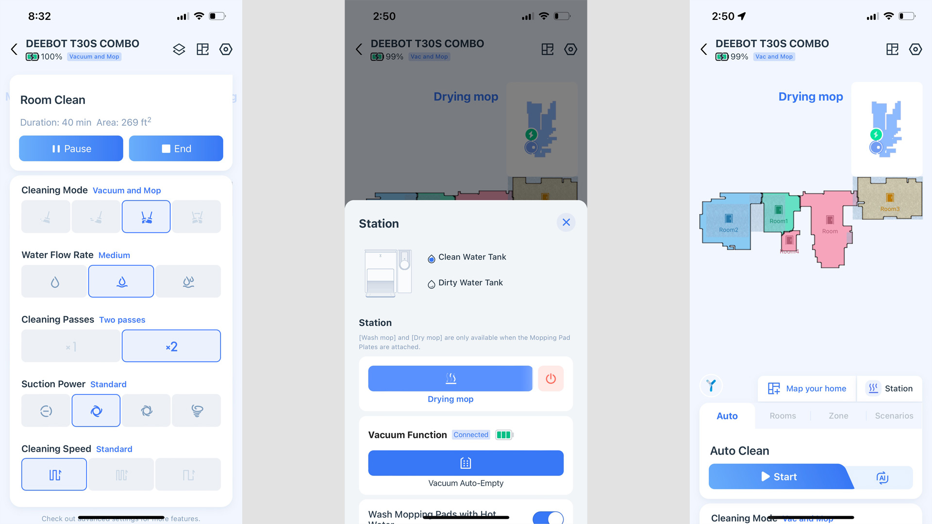 Screenshots of the Ecovacs Deebot T30S Combo's app