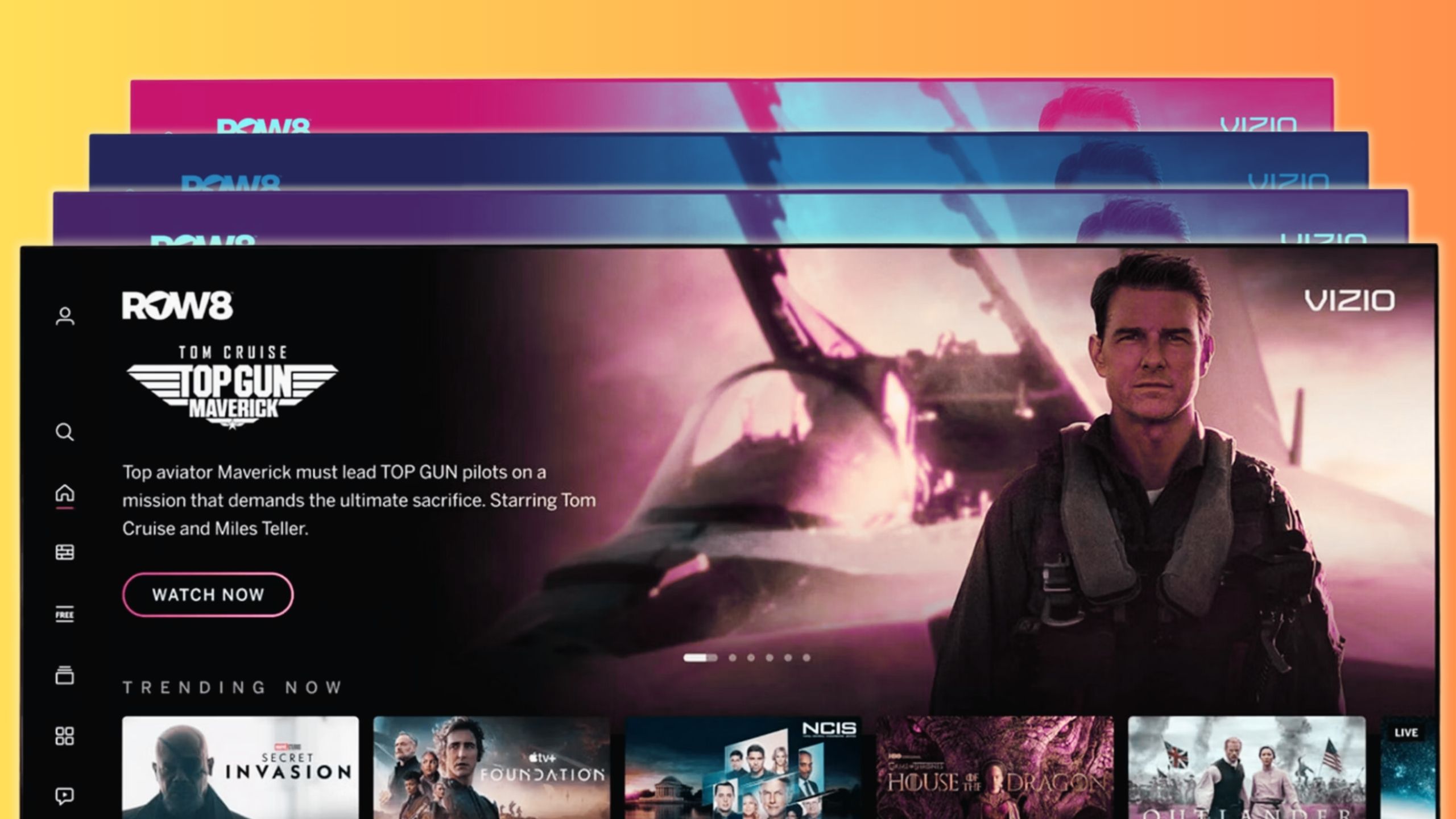 Vizio Smart TVs with Tom Cruise Top Gun Smart Cast stacked on top of each other.