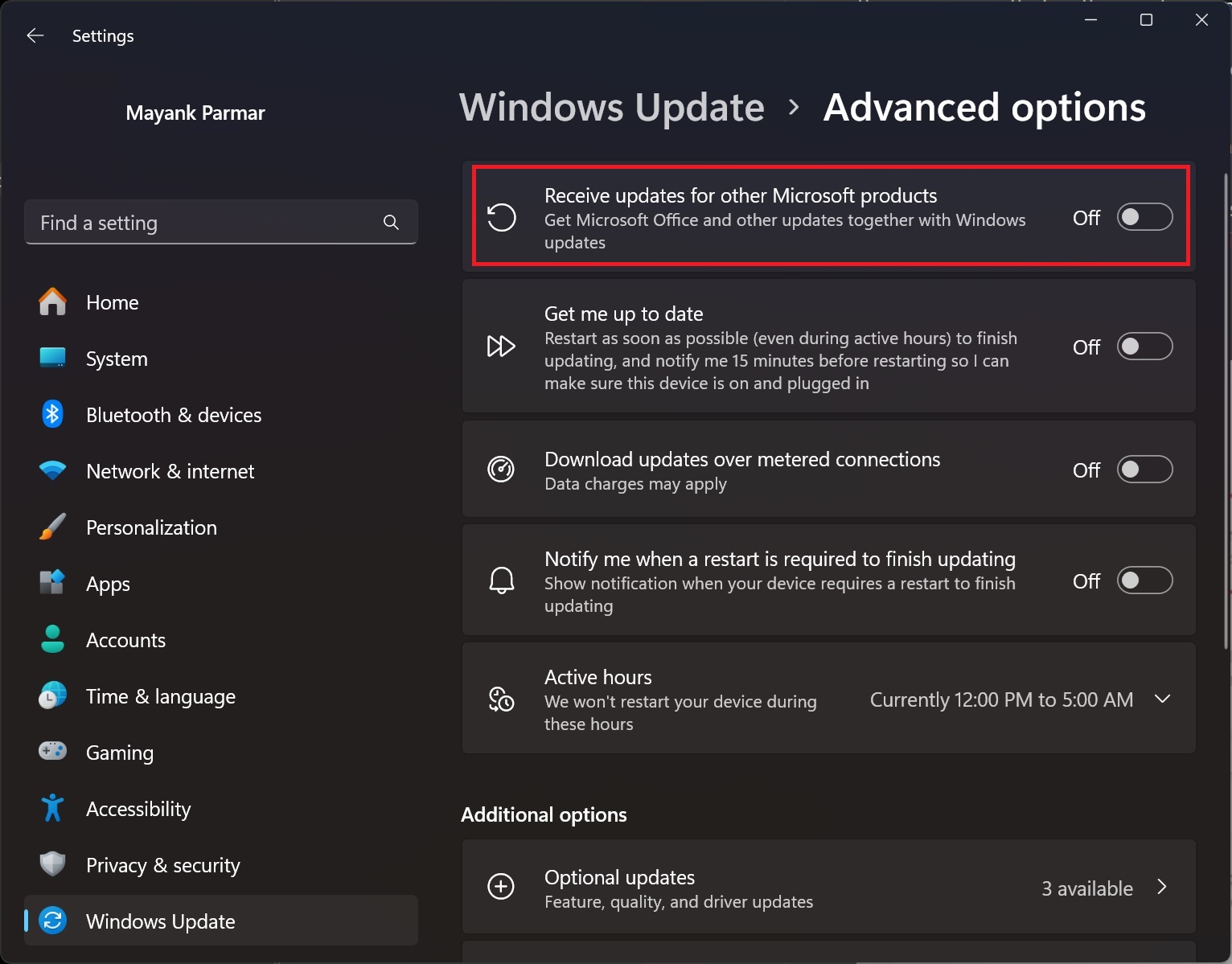 Windows Update with other products toggle