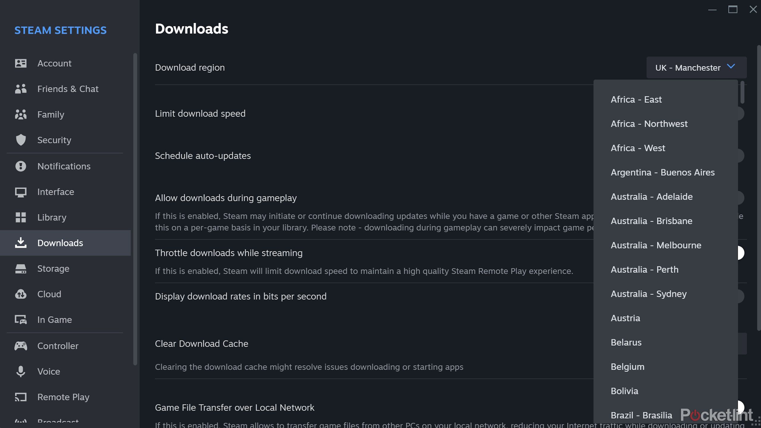 Steam client download settings page showing download region drop-down menu