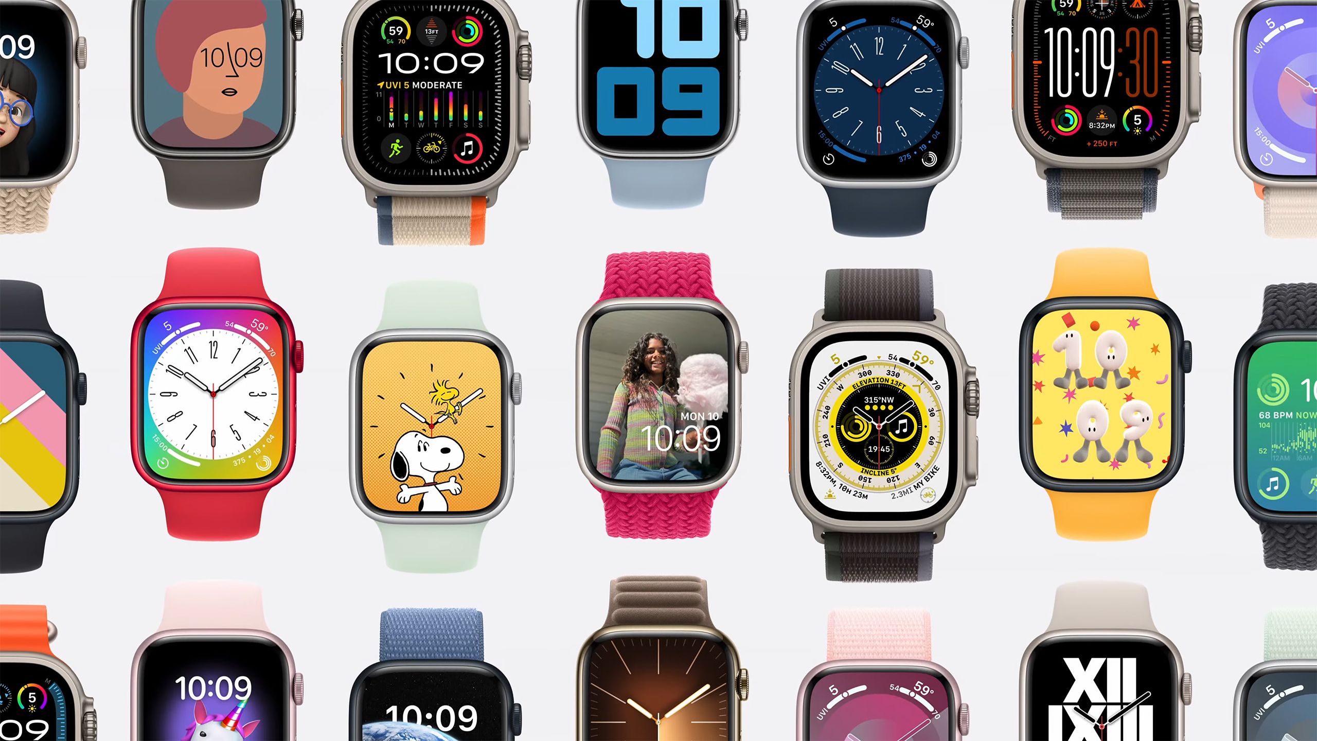 A selection of Apple Watches against a white background with customized watch faces. 