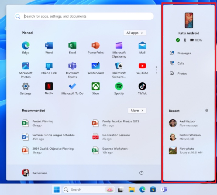 phone link companion panel in the start menu