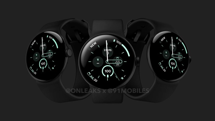 Images showing a rendering for the Google Pixel Watch 3.