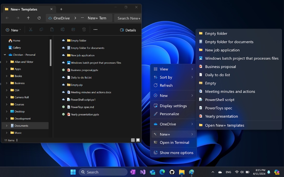 new+ templates and their save location in windows 11