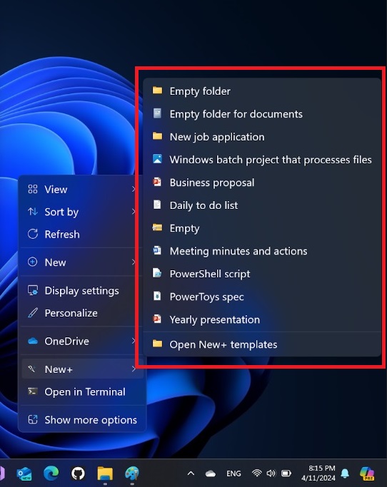 long list of new+ templates in windows 11 context menu