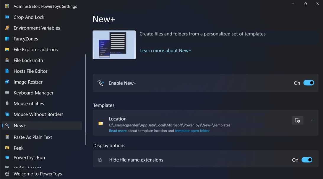 new+ feature's settings in PowerToys