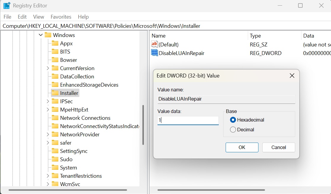 change registry value of uac credential prompt feature in windows 11