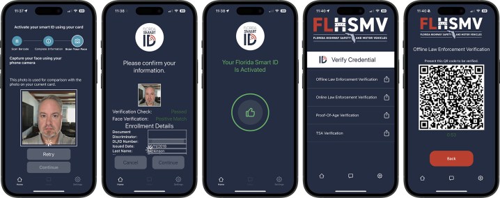 Screenshots from the defunct Florida Smart ID app, with some information obscured.