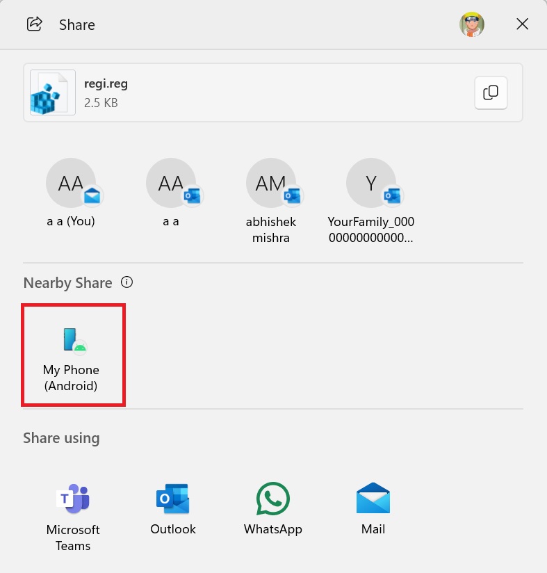 your phone option in windows share in windows 11 beta 23h2