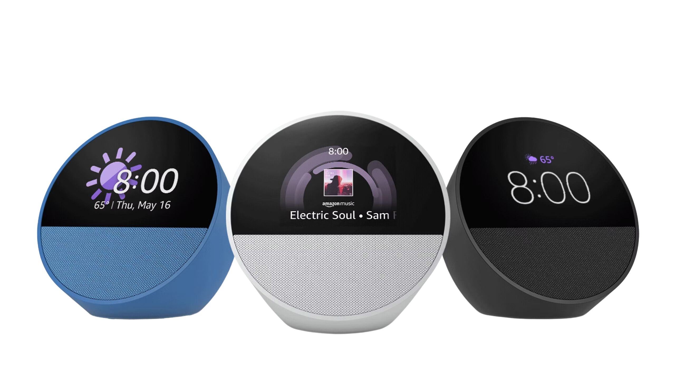 echo spot in three colors blue white and black