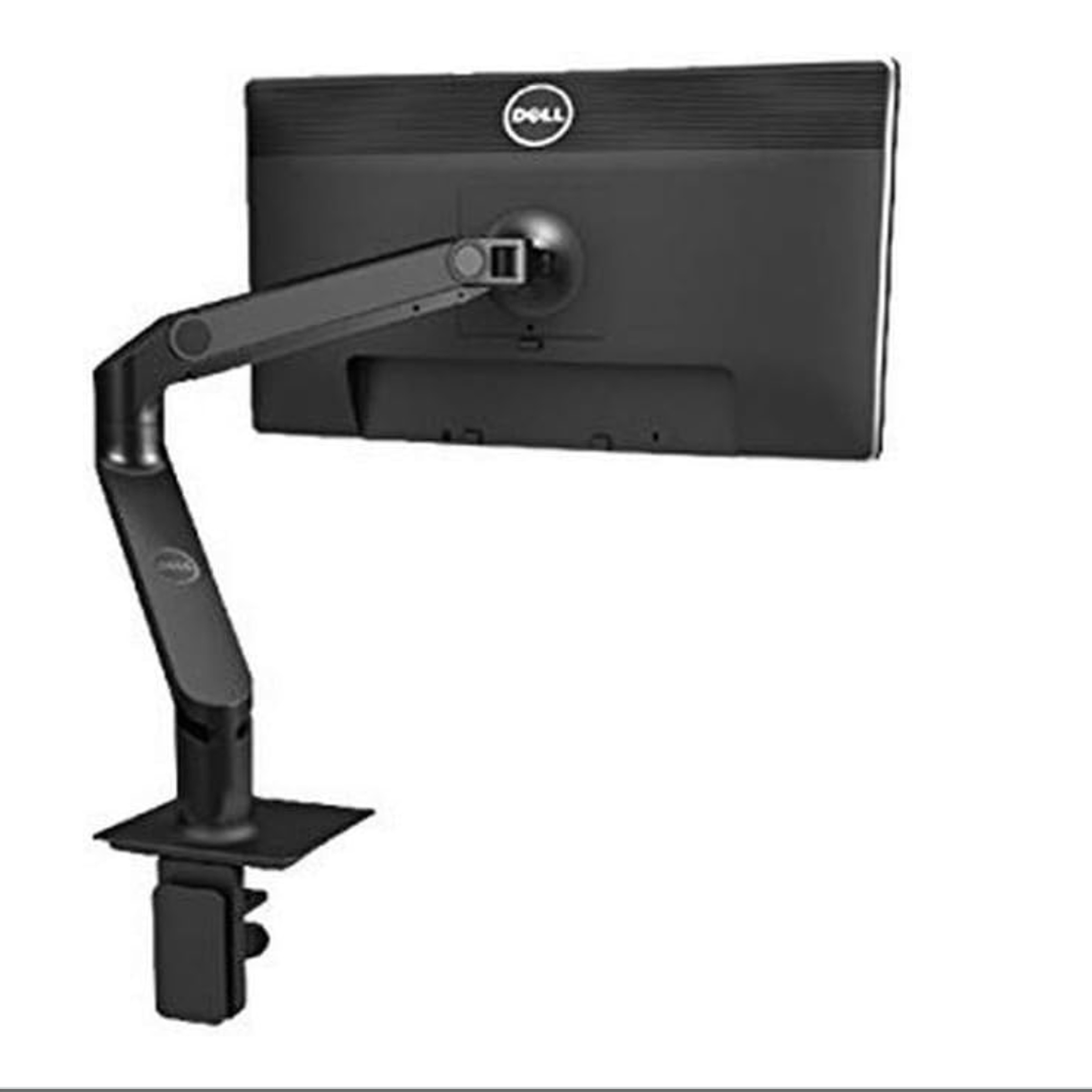 Monitor stand made up of metal arm holding a Dell monitor.