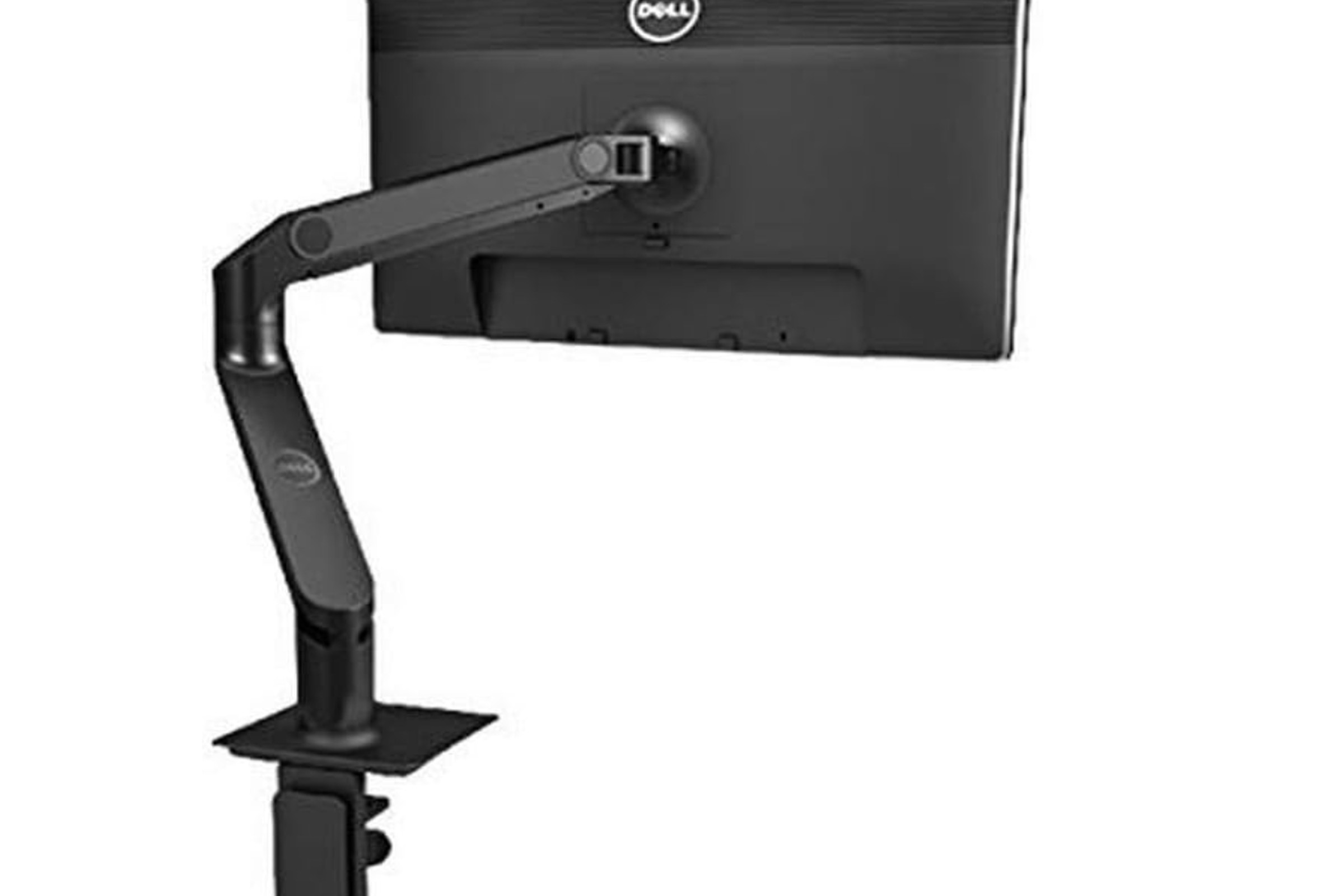 Monitor stand made up of metal arm holding a Dell monitor.