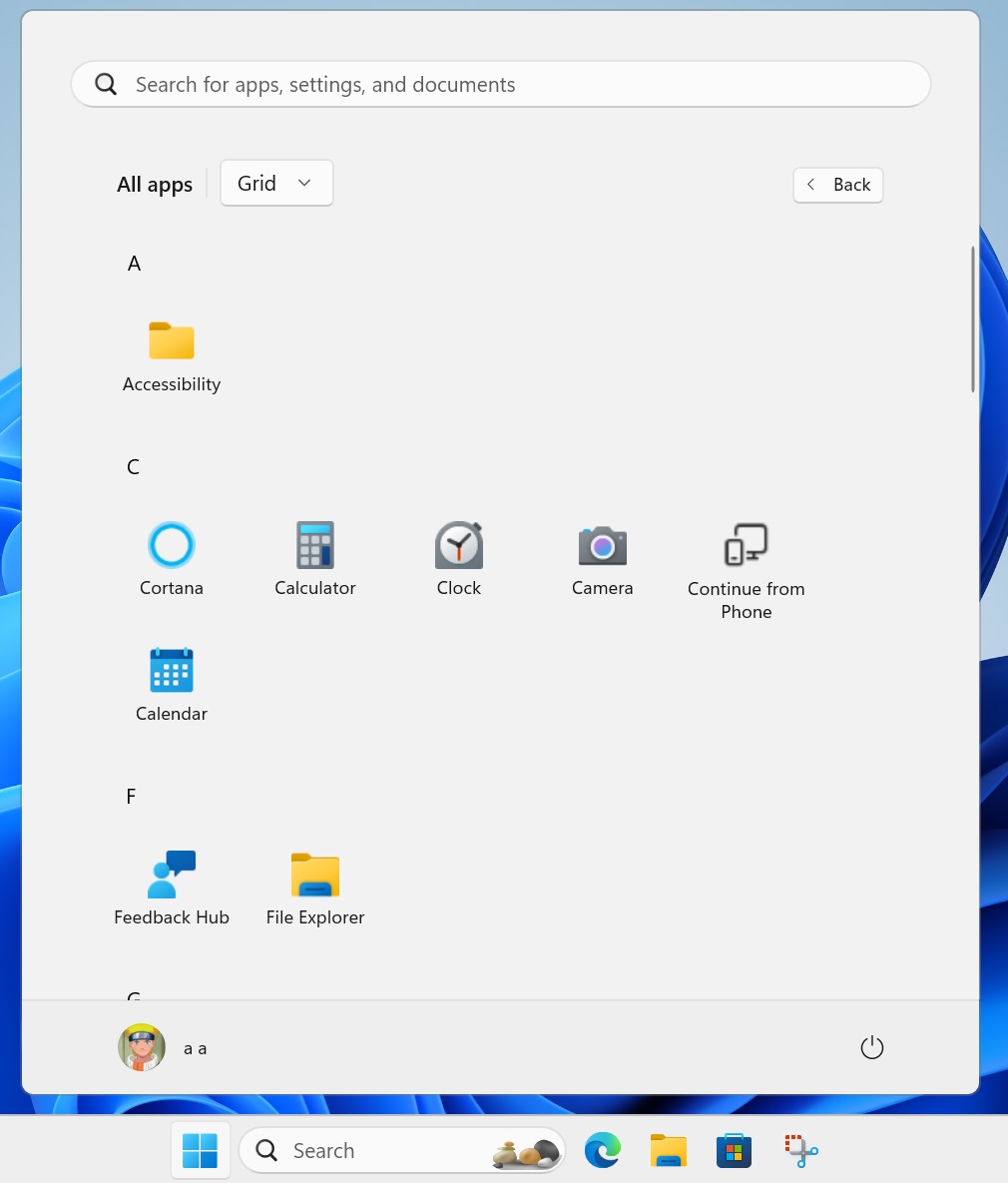 grid layout in all apps section start menu windows 11