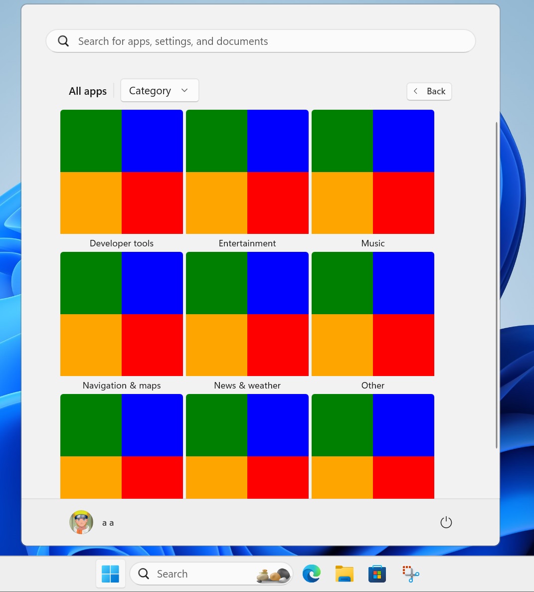 category option in all apps section of start menu windows 11
