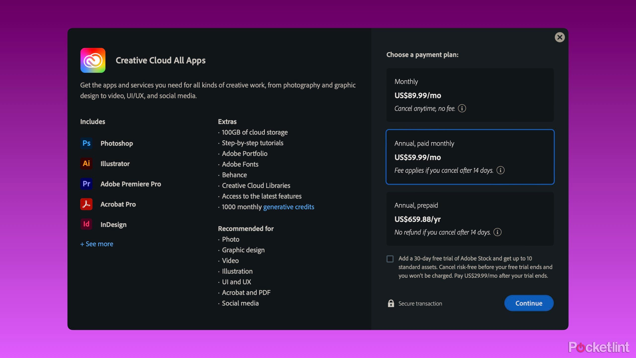 The Creative Cloud subscription page. 