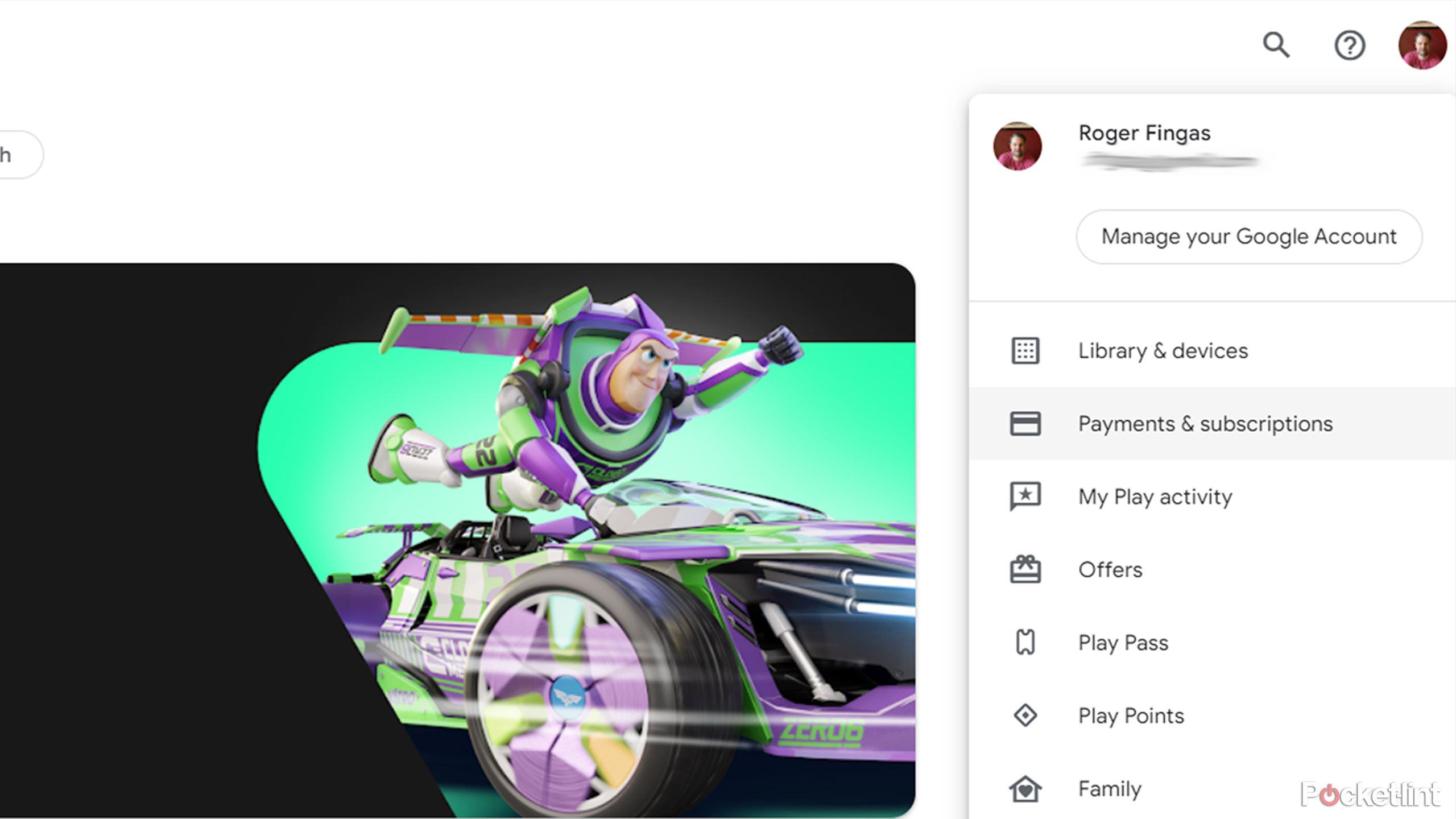 The Google Play Store website's profile menu.