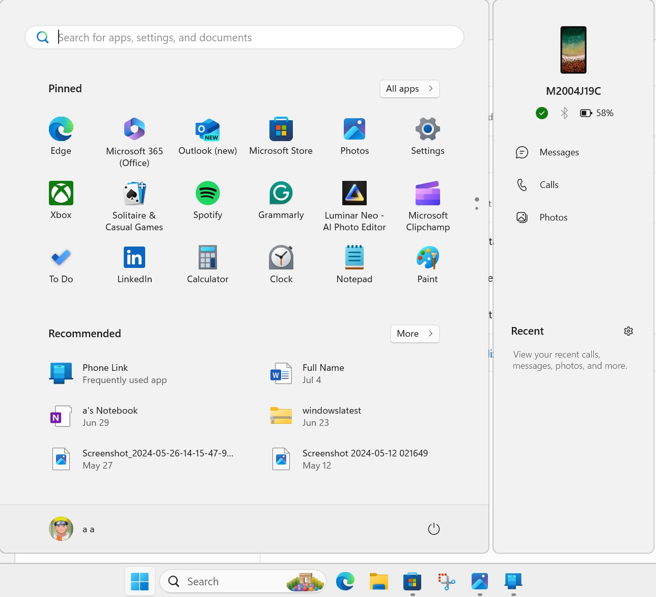 phone link companion panel in start menu windows 11