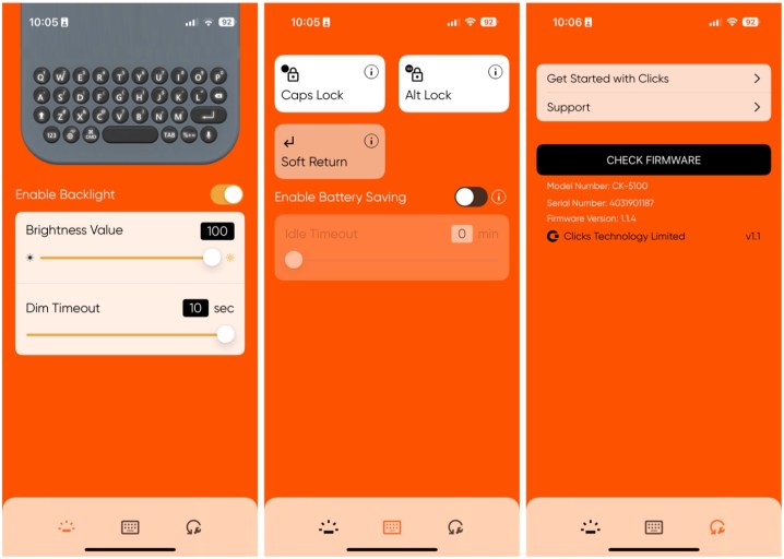 Clicks Keyboard companion app screenshots.