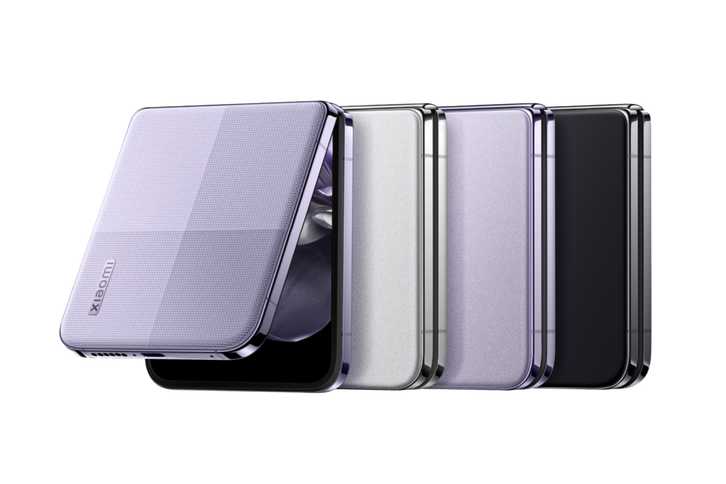 Xiaomi Mix Flip clamshell foldable phone in purple, white, and black colors.