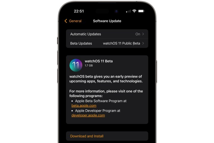 iPhone showing watchOS 11 Public Beta Software Update.