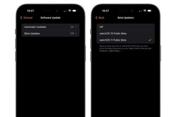 iPhone showing settings to enable watchOS 11 Public Beta updates.