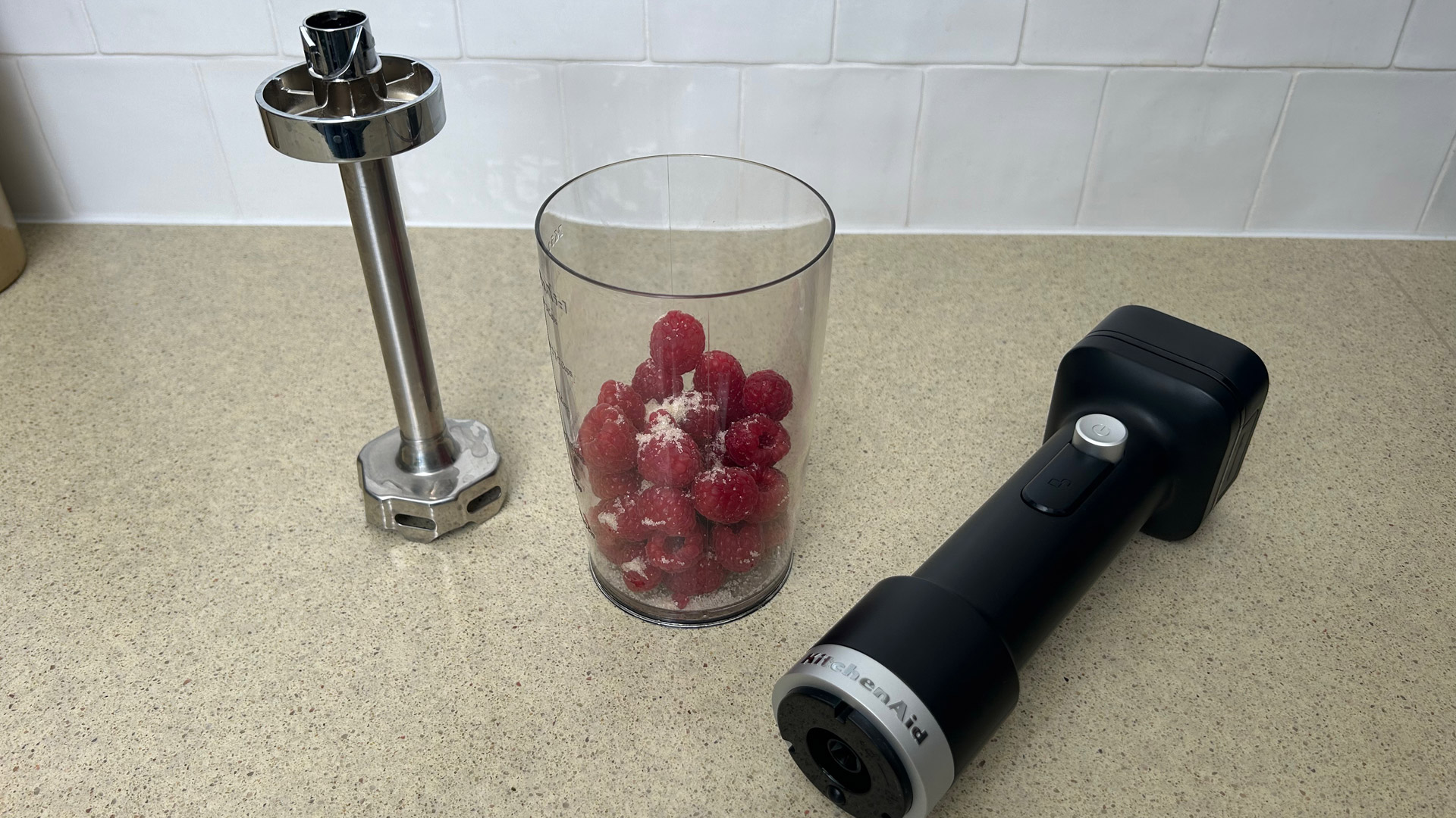 Raspberries before meeting the KitchenAid Go Cordless Hand Blender