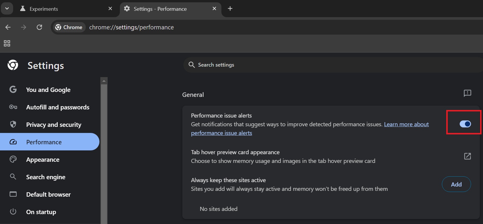 enabling performance issue alerts in chrome canary