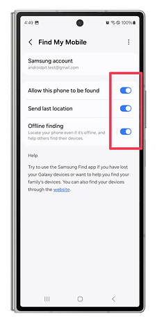 One UI screenshots showing how to turn on the Find My Mobile feature.