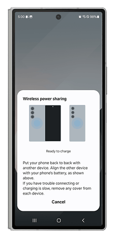 One UI screenshots showing how to charge other devices wirelessly.