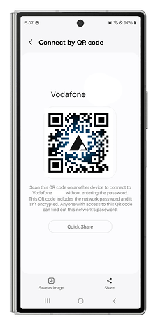 One UI screenshots showing how to share your Wi-Fi credentials with a QR code.