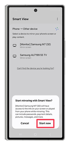 Screenshots showing how to use the Smart View screen mirroring.