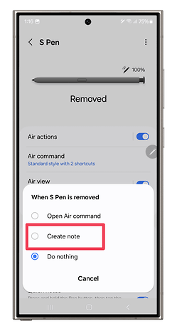 Screenshots showing how to set S Pen shortcuts