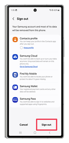One UI screenshots showing how to sign out of the Samsung on the phone.