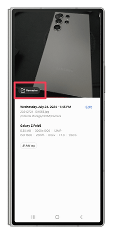 One UI screenshots showing how to use the image remaster feature.