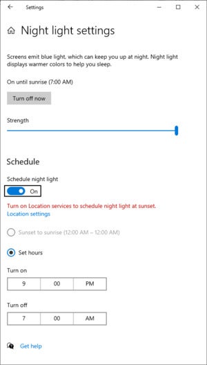 Night Light settings menu