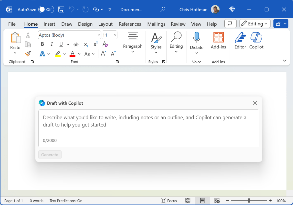 Copilot prompt in Microsoft Word