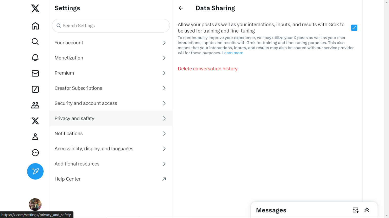 A screenshot of the specific par tof X's 'Settings and privacy' page where you can turn of this setting