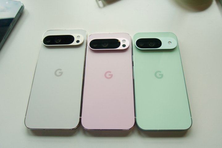 The Google Pixel 9 Pro XL, the Google Pixel 9 Pro, and Google Pixel 9 all next to each other.